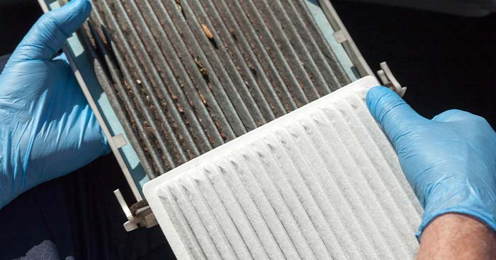 Image: a dirty and clean air filter side by side. Always check your air filter, you never know what you could be breathing in.