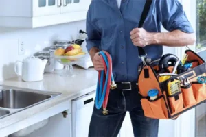 A person in a blue shirt holds a plumbing tool bag and hoses in a kitchen, standing near a sink and a fruit-filled countertop.