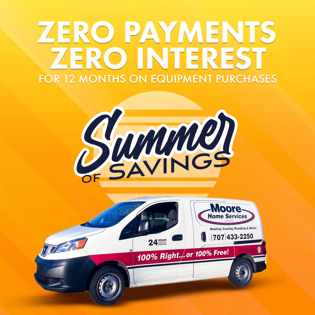 A Moore Home Services van is pictured below text advertising zero payments and zero interest for 12 months on equipment purchases as part of a "Summer of Savings" promotion.
